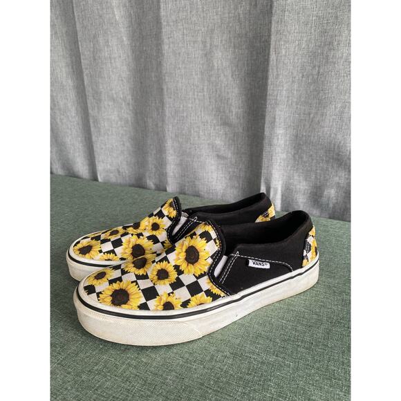 VANS Shoes - Vans Sunflower & Black/White Checkerboard Slip-Ons - Size 6.5